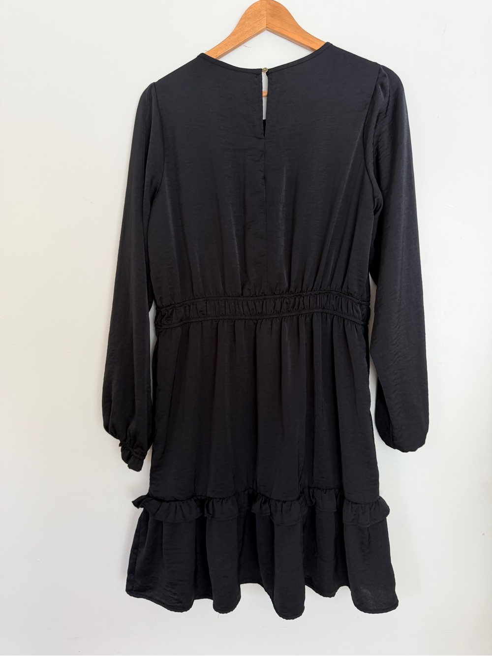 Knox Rose Black Long-Sleeve Smocked Waist Ruffle Hem Dress Sz L - Picture 5 of 7